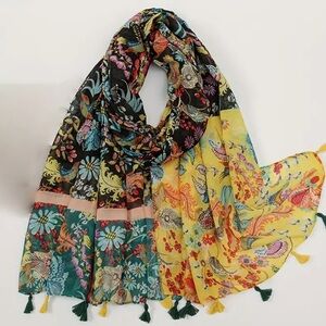 Bohemian silky sheer colorful scarf, blue tassels